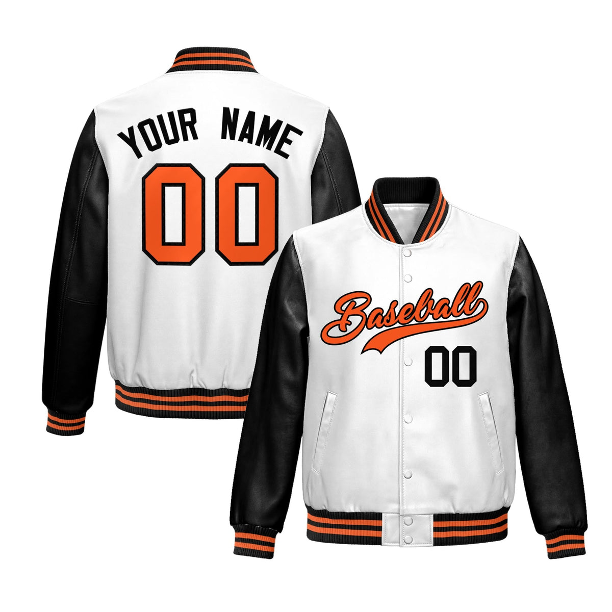 Custom White Black Raglan Sleeves Full-Snap Varsity Faux Leather Letterman Jacket
