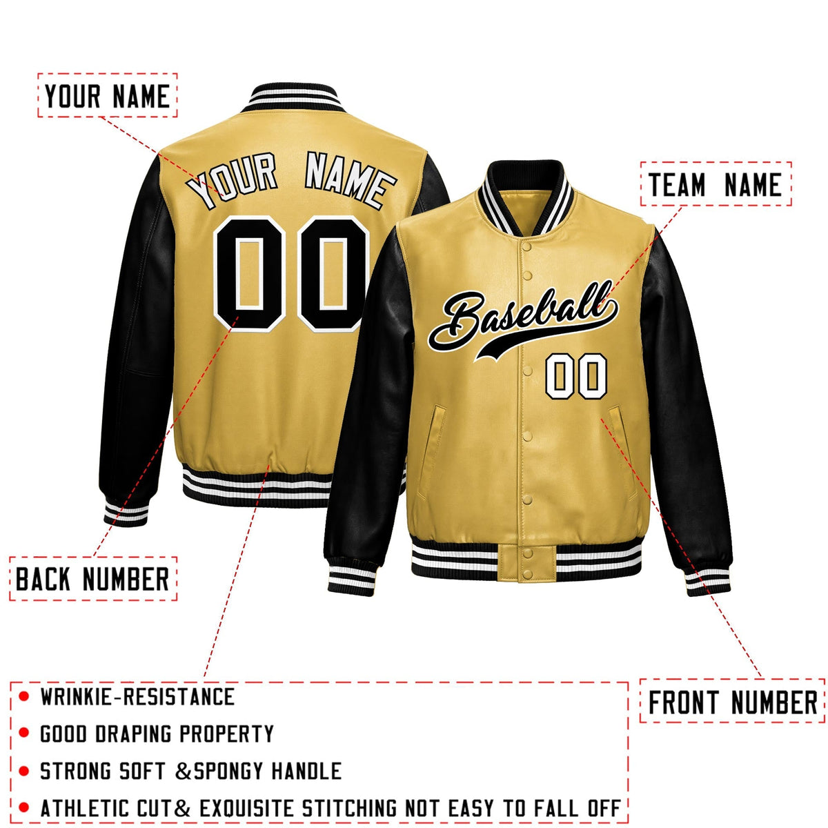 Custom Khaki Black Raglan Sleeves Full-Snap Varsity Faux Leather Letterman Jacket