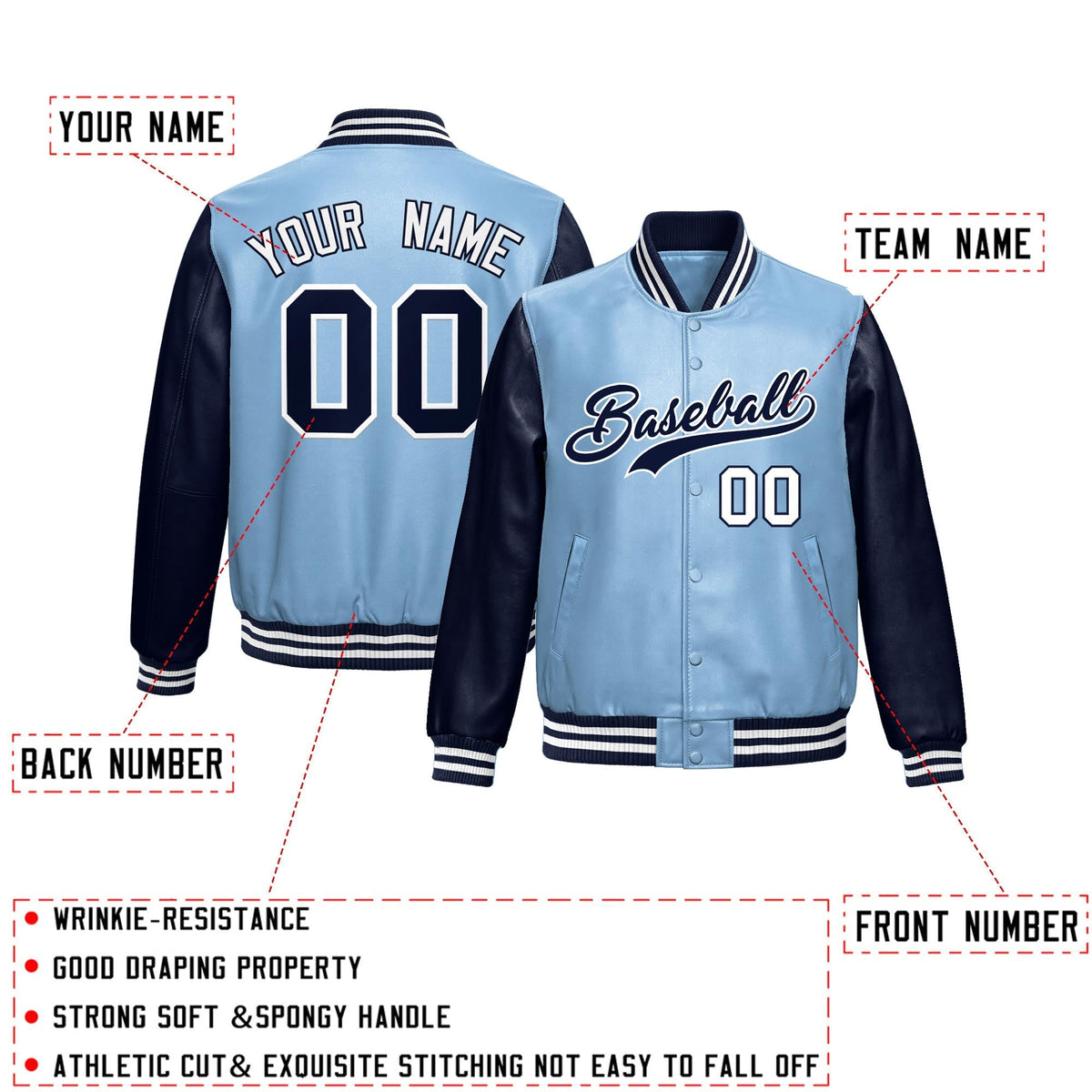Custom Powder Blue Navy Raglan Sleeves Full-Snap Varsity Faux Leather Letterman Jacket