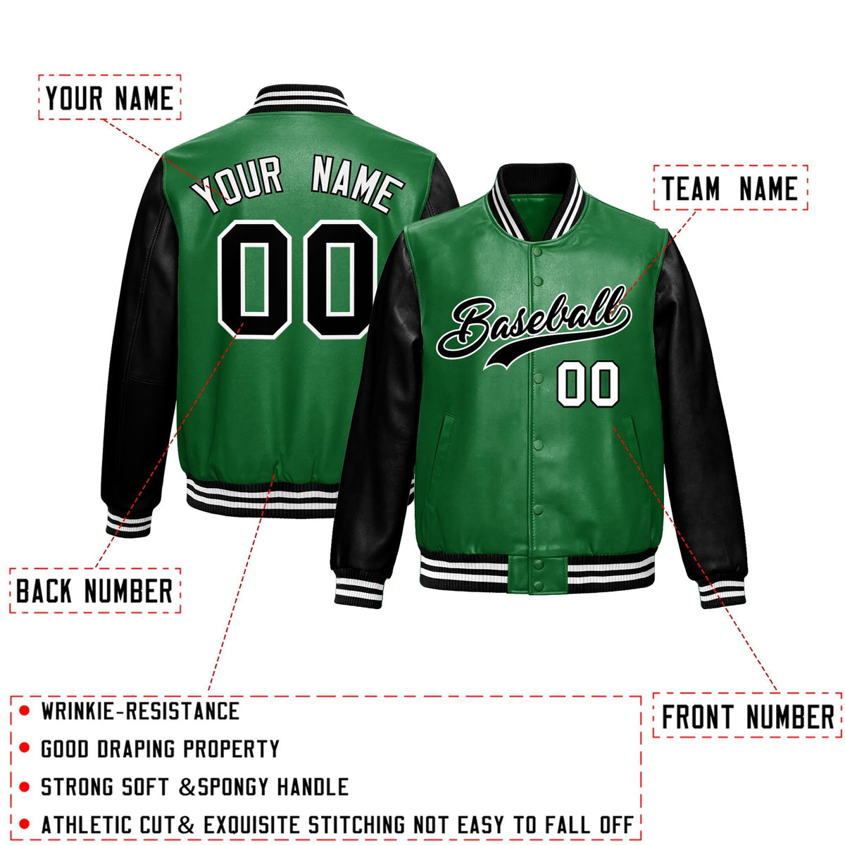 Custom Kelly Green Black Raglan Sleeves Full-Snap Varsity Faux Leather Letterman Jacket