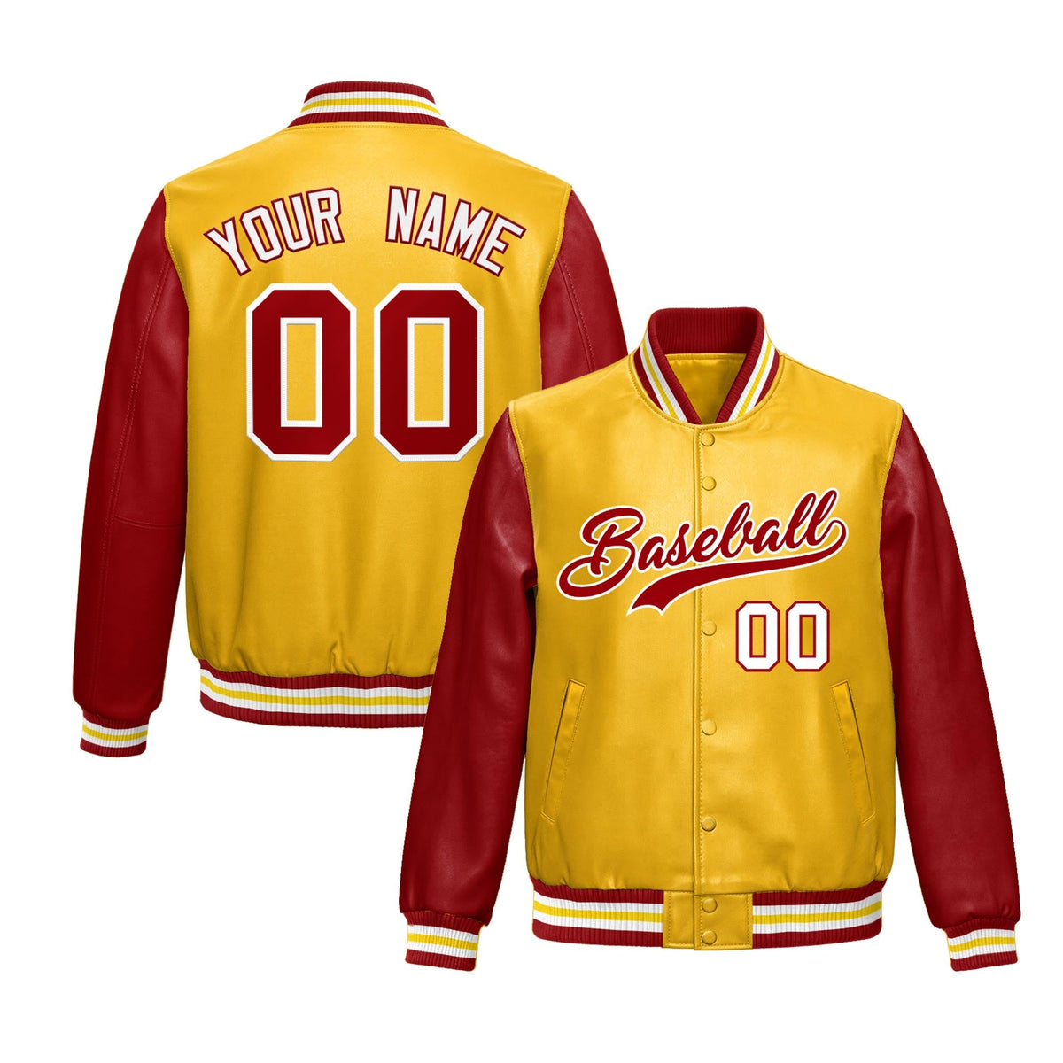 Custom Yellow Red Raglan Sleeves Full-Snap Varsity Faux Leather Letterman Jacket