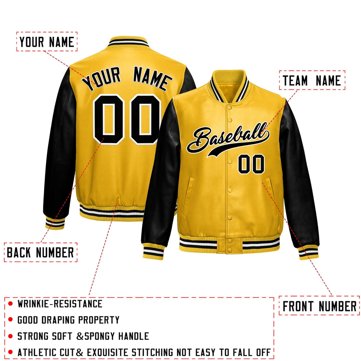Custom Yellow Black Raglan Sleeves Full-Snap Varsity Faux Leather Letterman Jacket