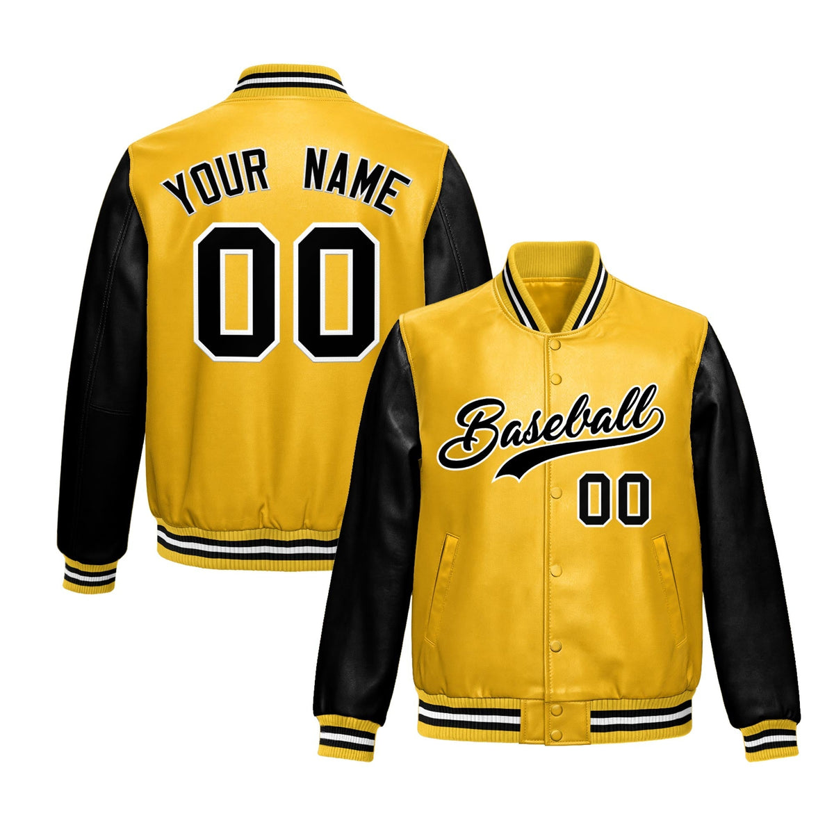 Custom Yellow Black Raglan Sleeves Full-Snap Varsity Faux Leather Letterman Jacket