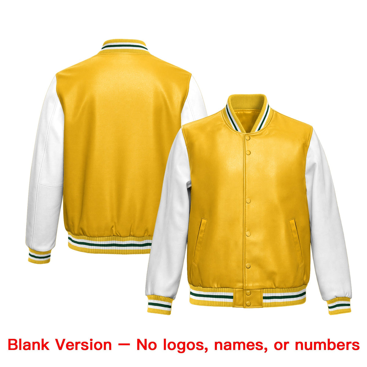 Custom Yellow White Raglan Sleeves Full-Snap Varsity Faux Leather Letterman Jacket