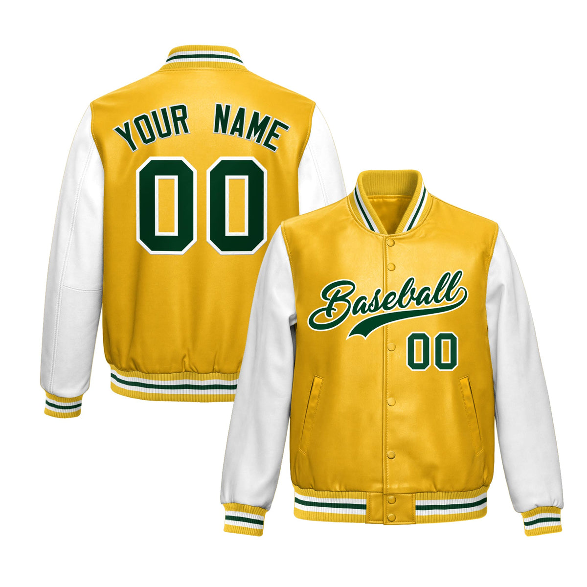 Custom Yellow White Raglan Sleeves Full-Snap Varsity Faux Leather Letterman Jacket