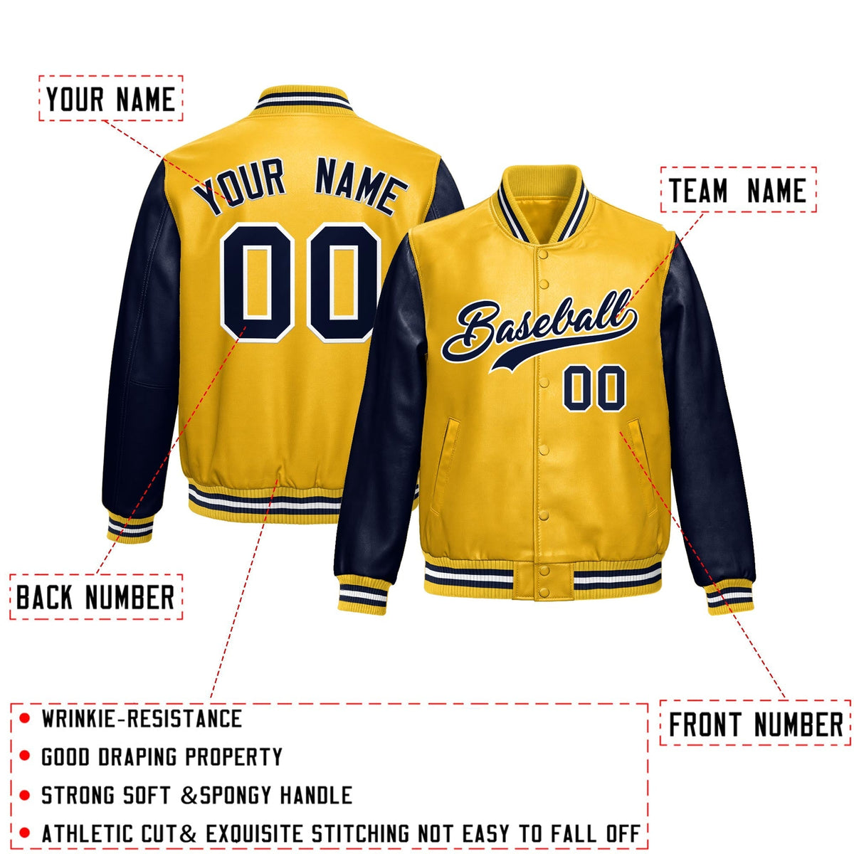 Custom Yellow Navy Raglan Sleeves Full-Snap Varsity Faux Leather Letterman Jacket