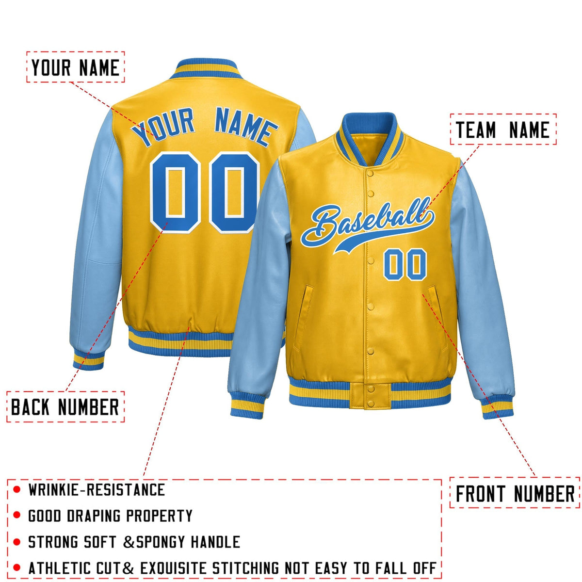 Custom Yellow Powder Blue Raglan Sleeves Full-Snap Varsity Faux Leather Letterman Jacket
