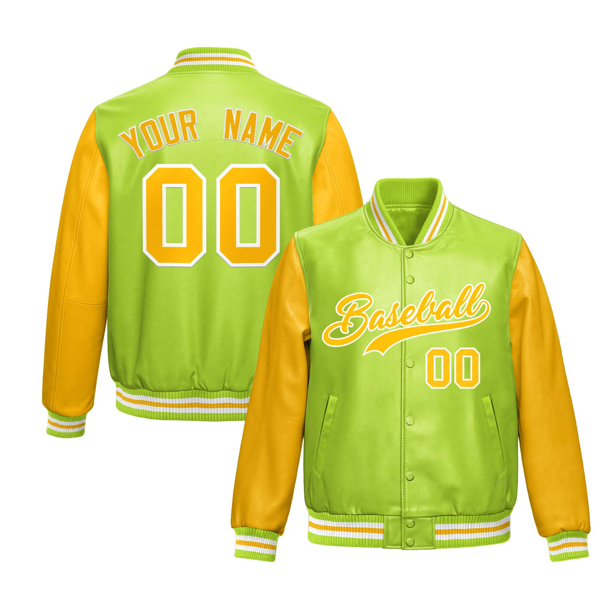 Custom Neon Green Yellow Raglan Sleeves Full-Snap Varsity Faux Leather Letterman Jacket