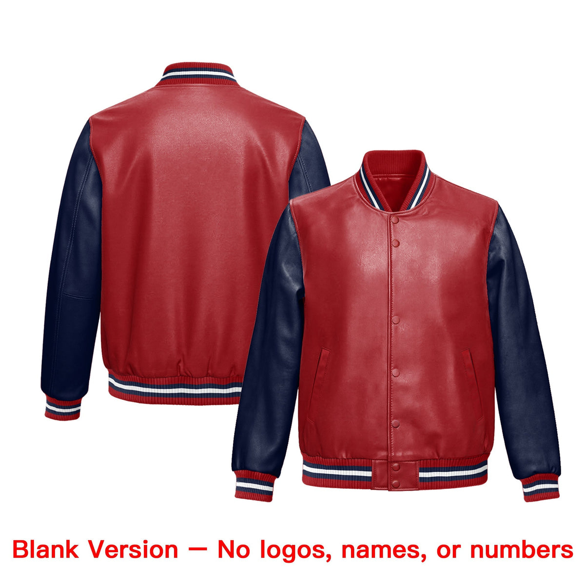 Custom Red Navy Raglan Sleeves Full-Snap Varsity Faux Leather Letterman Jacket