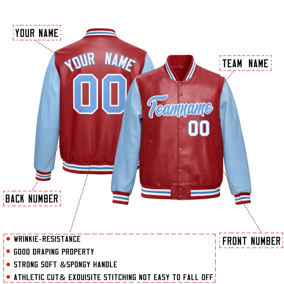 Custom Red Powder Blue Raglan Sleeves Full-Snap Varsity Faux Leather Letterman Jacket
