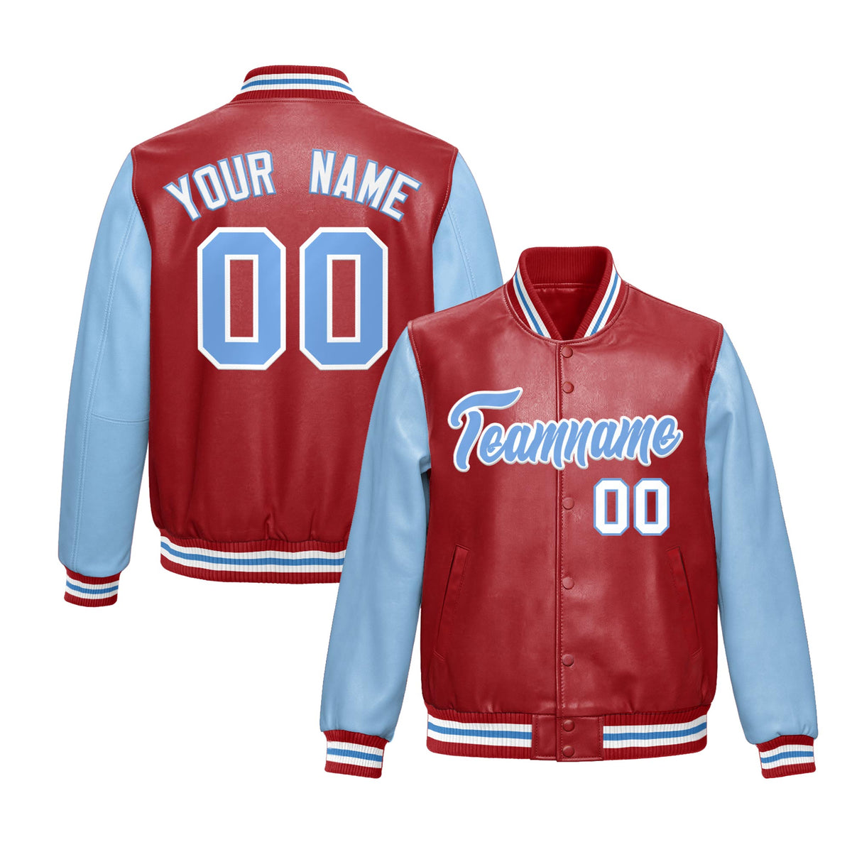 Custom Red Powder Blue Raglan Sleeves Full-Snap Varsity Faux Leather Letterman Jacket