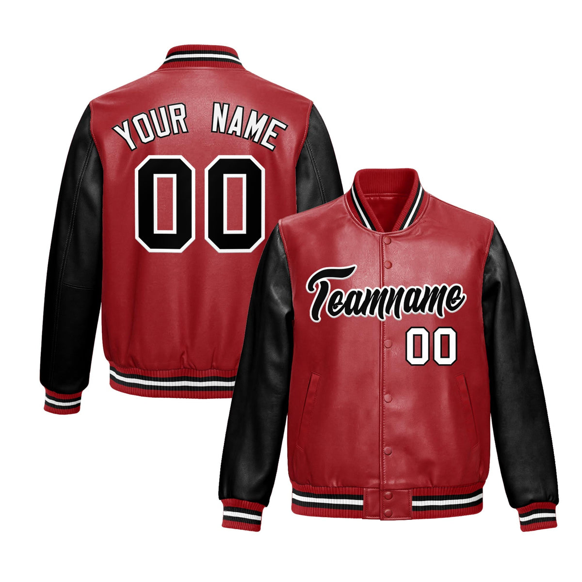 Custom Red Black Raglan Sleeves Full-Snap Varsity Faux Leather Letterman Jacket