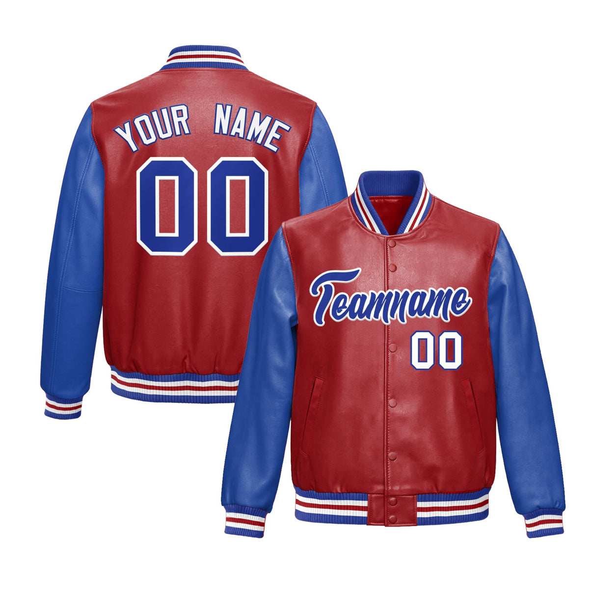 Custom Red Royal Blue Raglan Sleeves Full-Snap Varsity Faux Leather Letterman Jacket