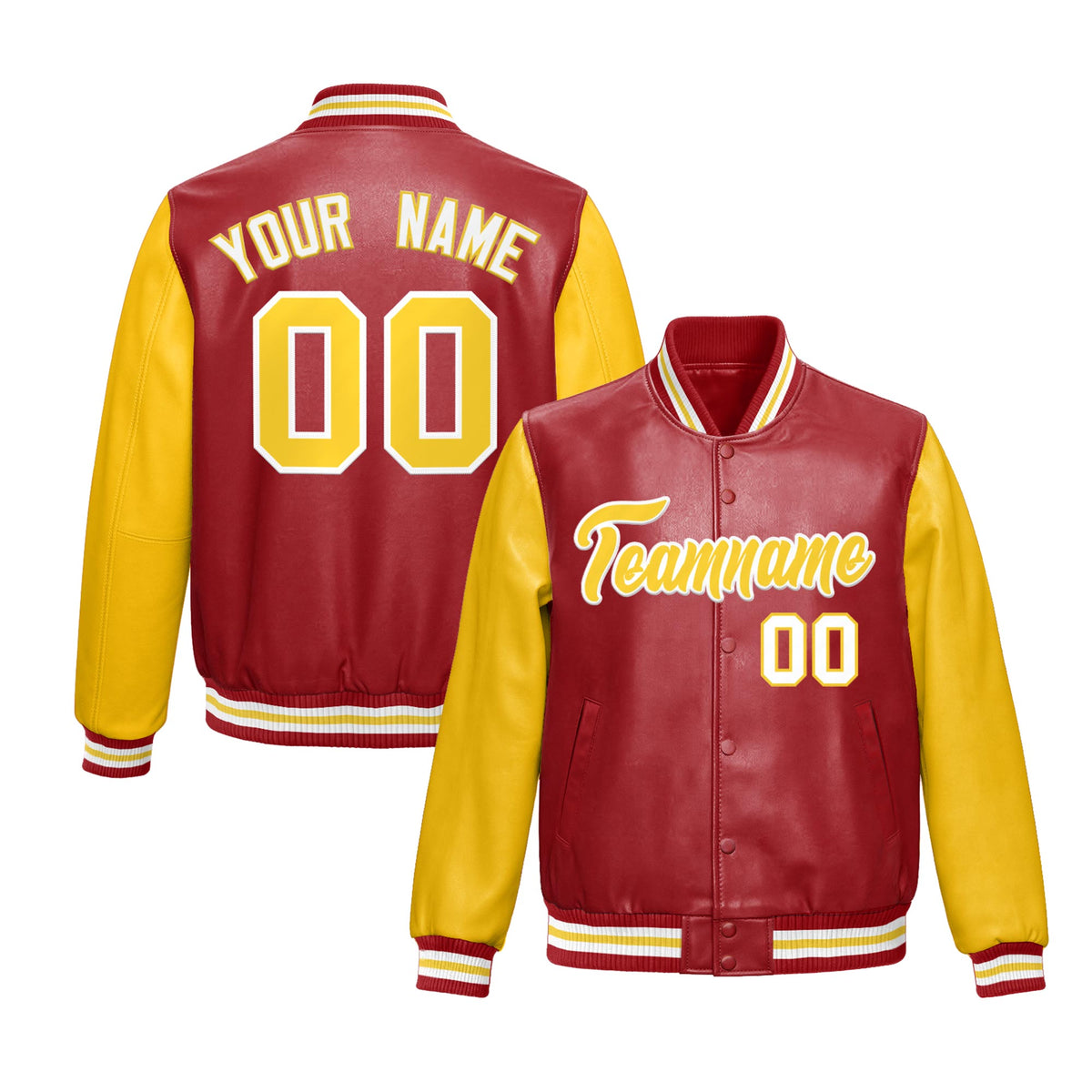 Custom Red Yellow Raglan Sleeves Full-Snap Varsity Faux Leather Letterman Jacket