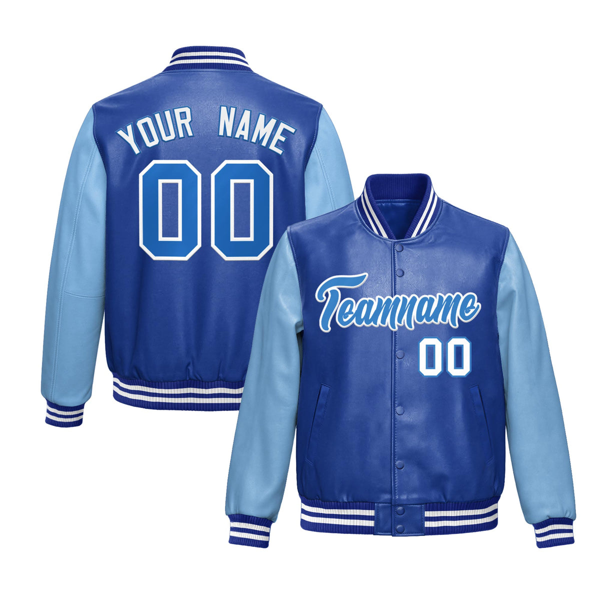 Custom Royal Blue Powder Blue Raglan Sleeves Full-Snap Varsity Faux Leather Letterman Jacket