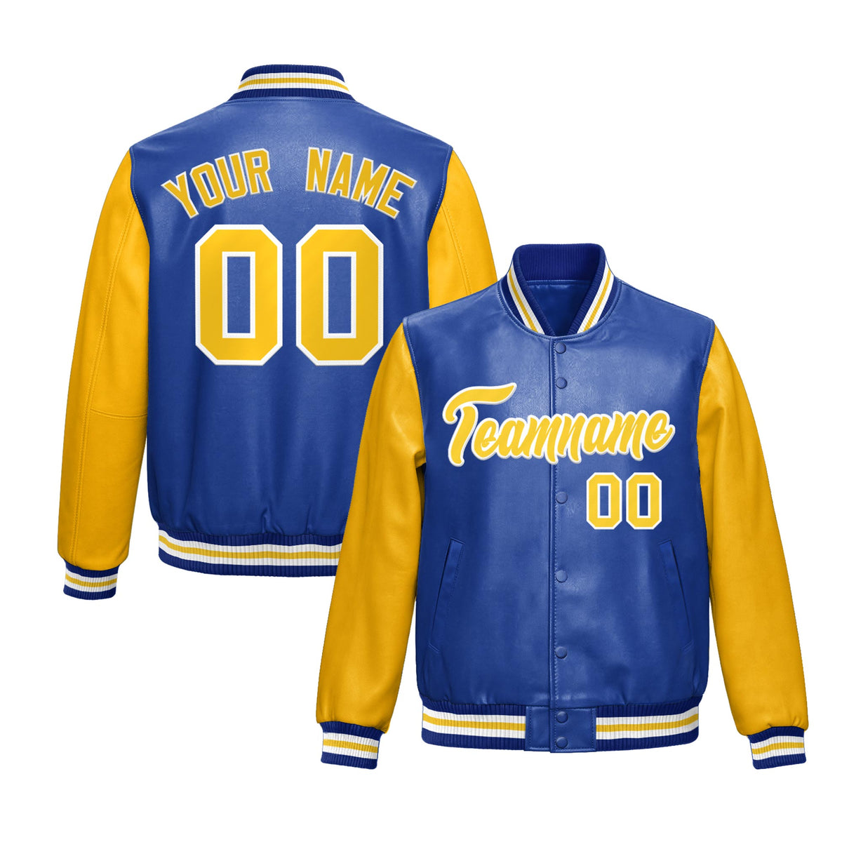 Custom Royal Blue Yellow Raglan Sleeves Full-Snap Varsity Faux Leather Letterman Jacket