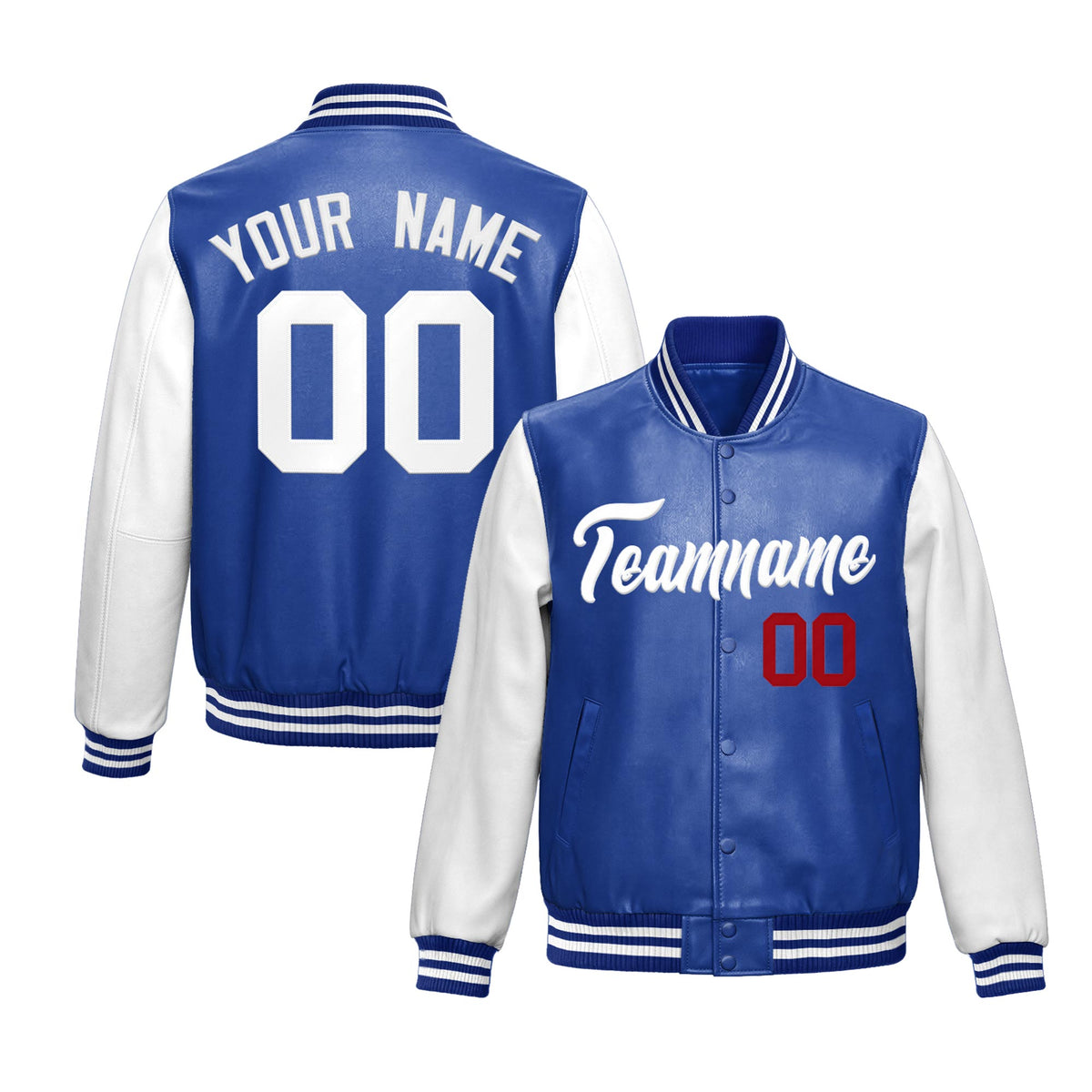 Custom Royal Blue White Raglan Sleeves Full-Snap Varsity Faux Leather Letterman Jacket
