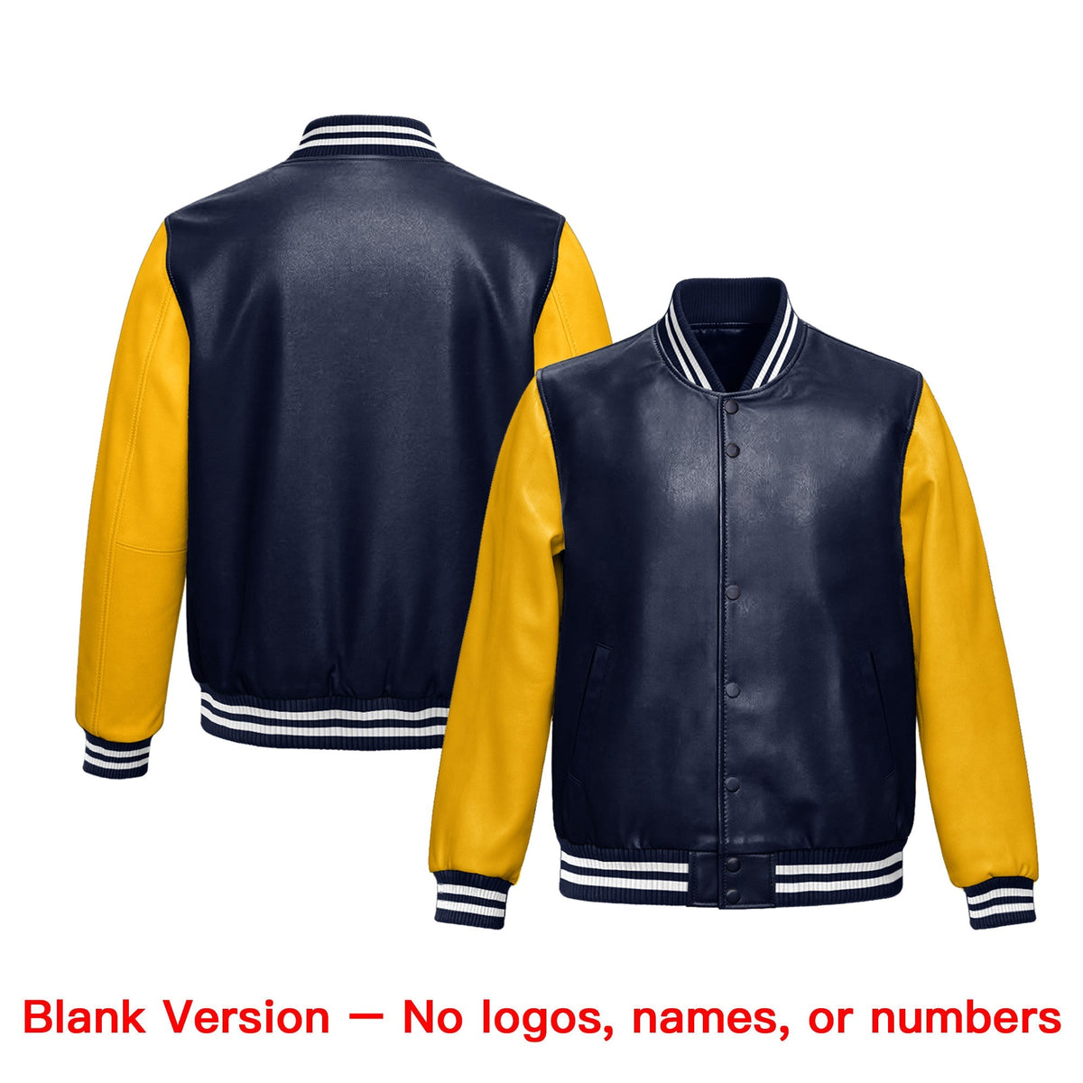 Custom Navy Yellow Raglan Sleeves Full-Snap Varsity Faux Leather Letterman Jacket