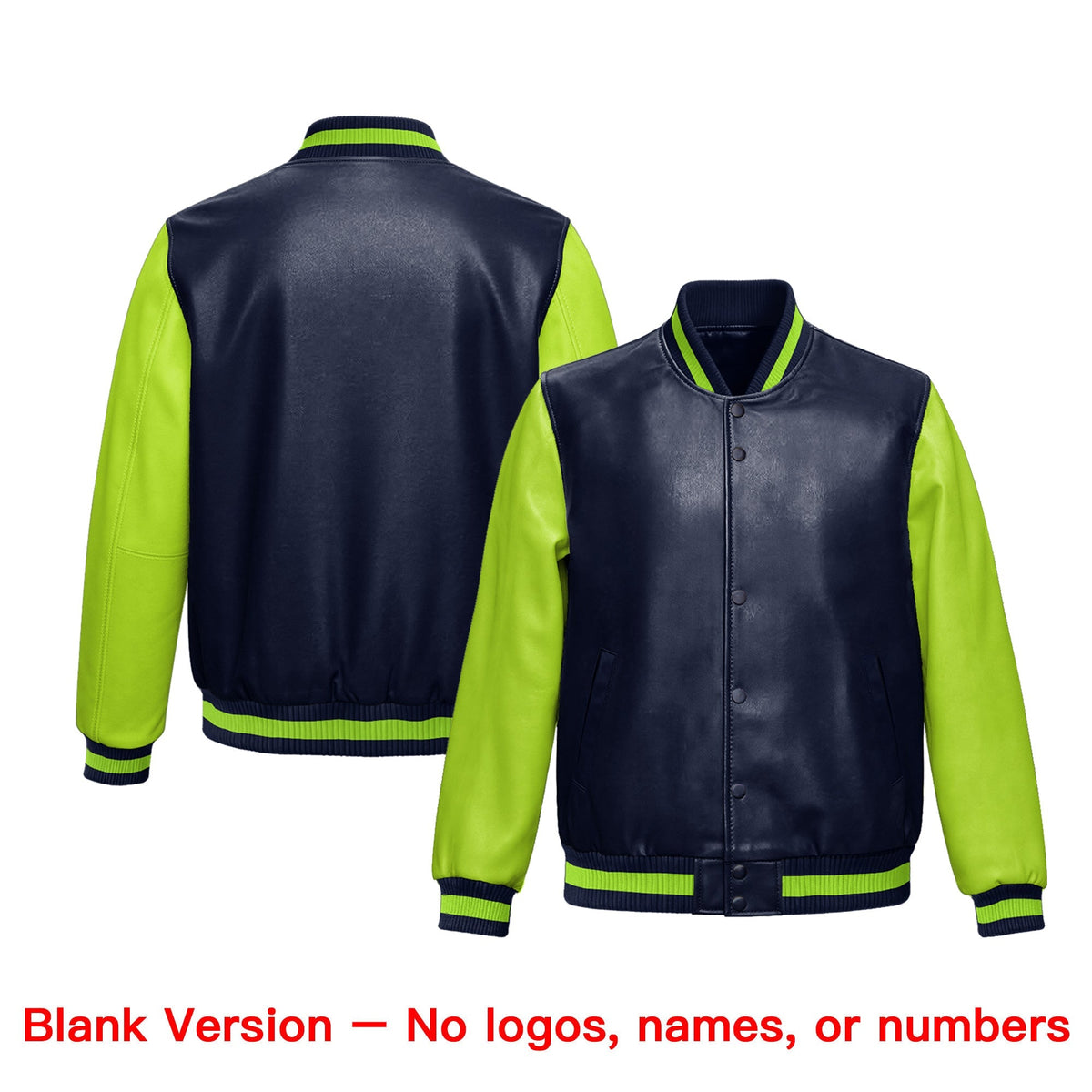 Custom Neon Green Navy Raglan Sleeves Full-Snap Varsity Faux Leather Letterman Jacket