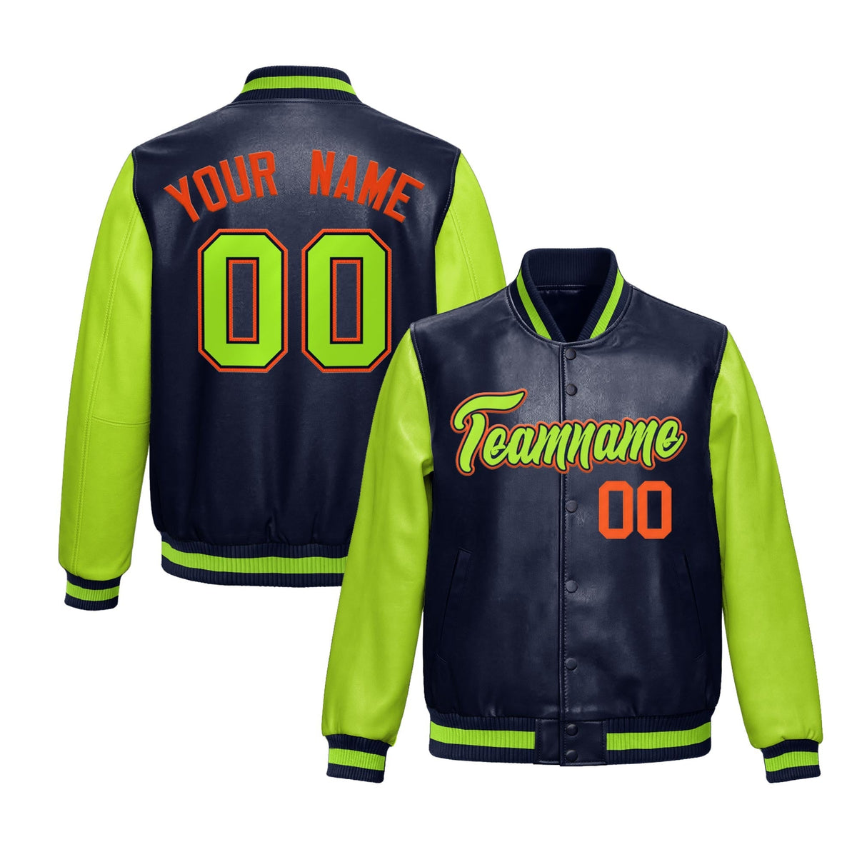 Custom Neon Green Navy Raglan Sleeves Full-Snap Varsity Faux Leather Letterman Jacket