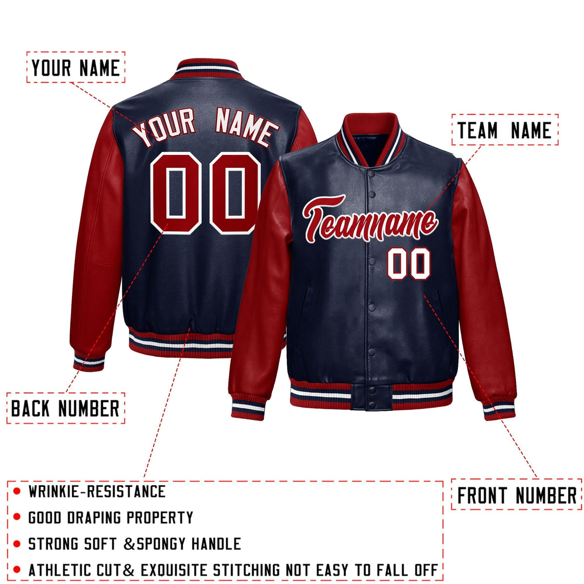 Custom Navy Red Raglan Sleeves Full-Snap Varsity Faux Leather Letterman Jacket