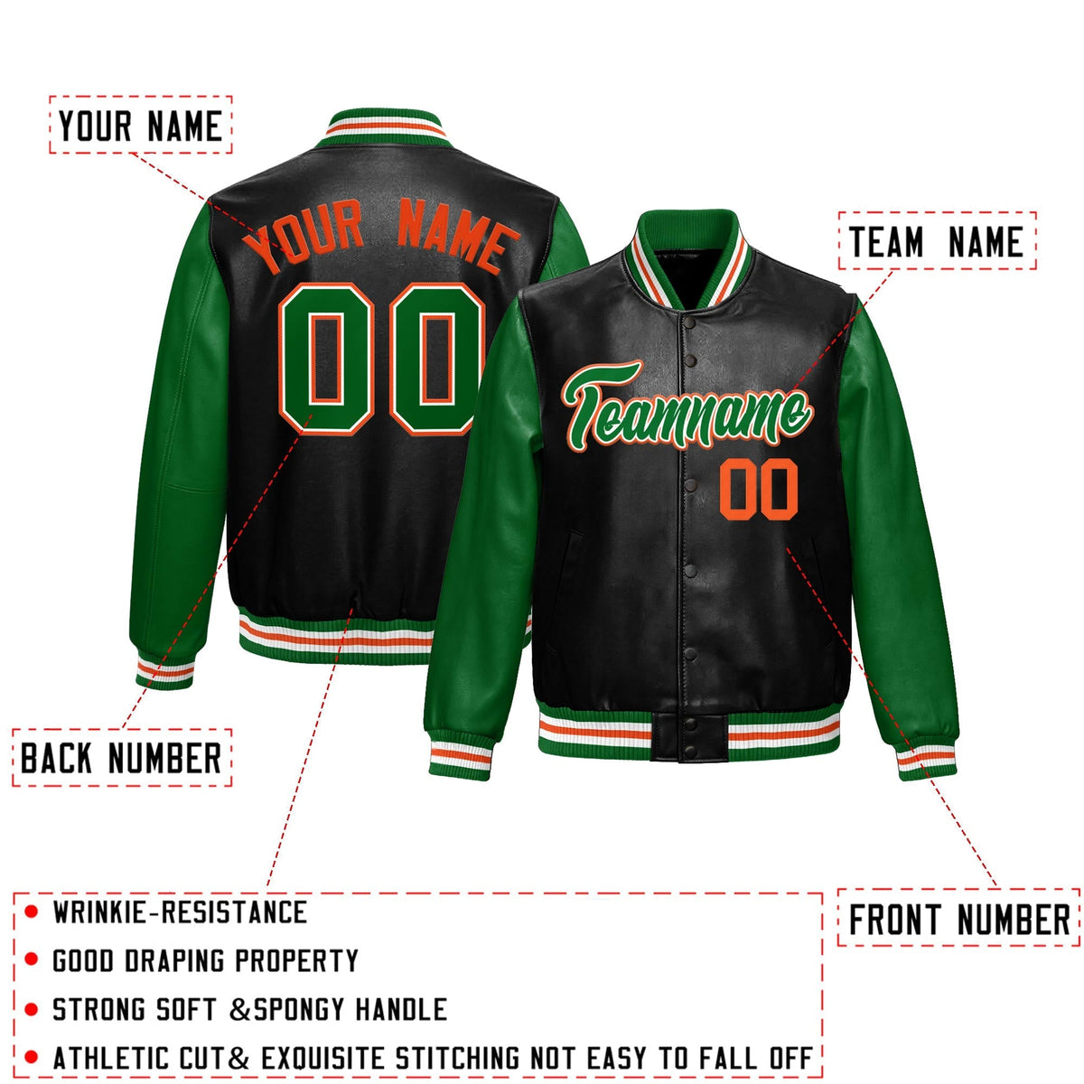 Custom Black Kelly Green Raglan Sleeves Full-Snap Varsity Faux Leather Letterman Jacket