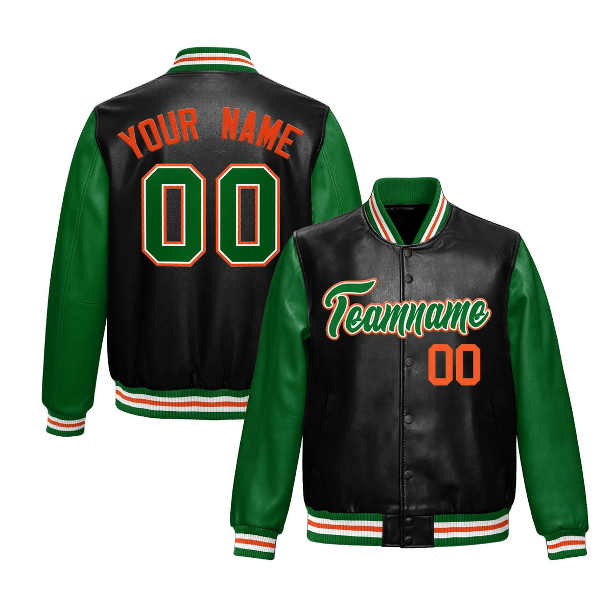 Custom Black Kelly Green Raglan Sleeves Full-Snap Varsity Faux Leather Letterman Jacket
