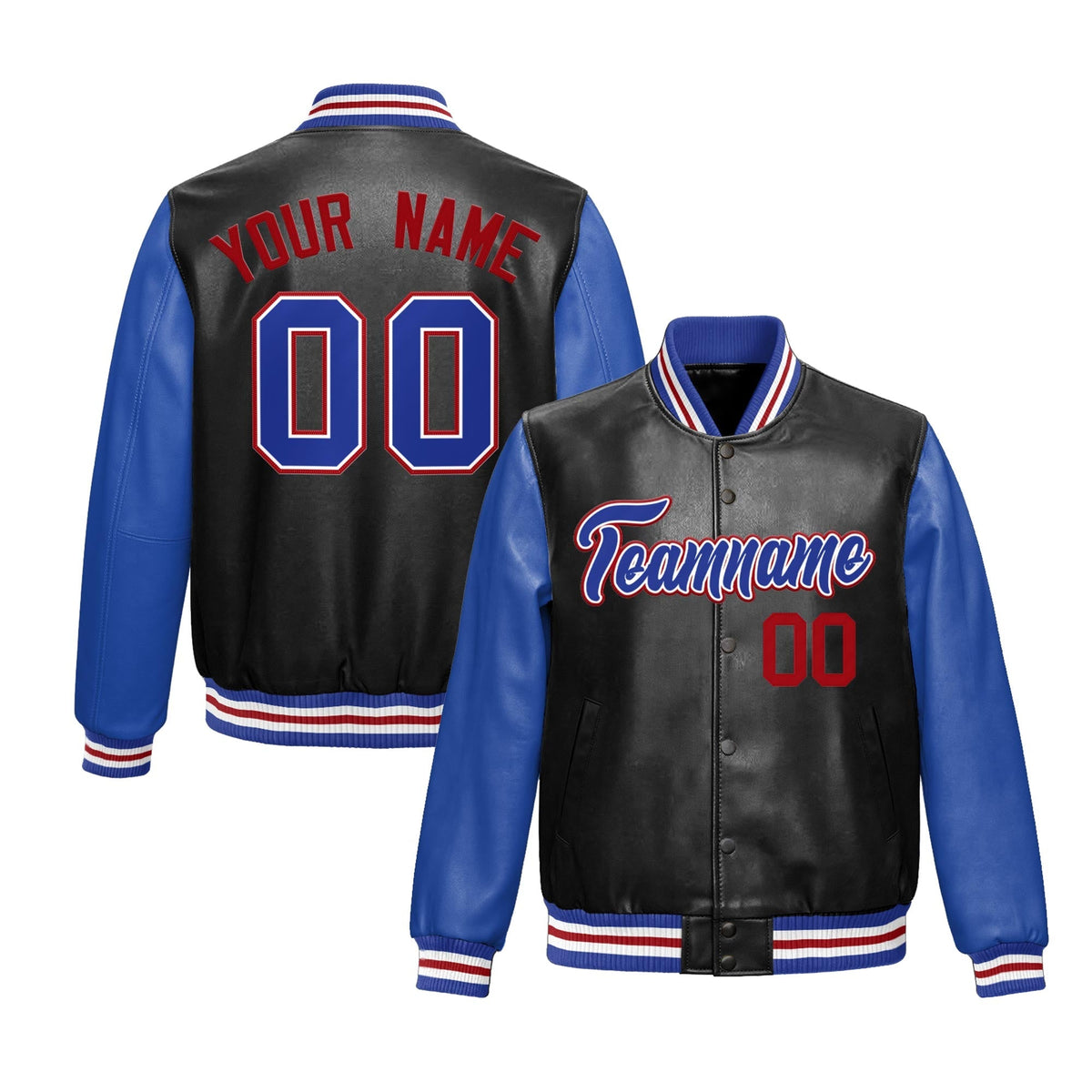 Custom Black Royal Blue Red Raglan Sleeves Full-Snap Varsity Faux Leather Letterman Jacket