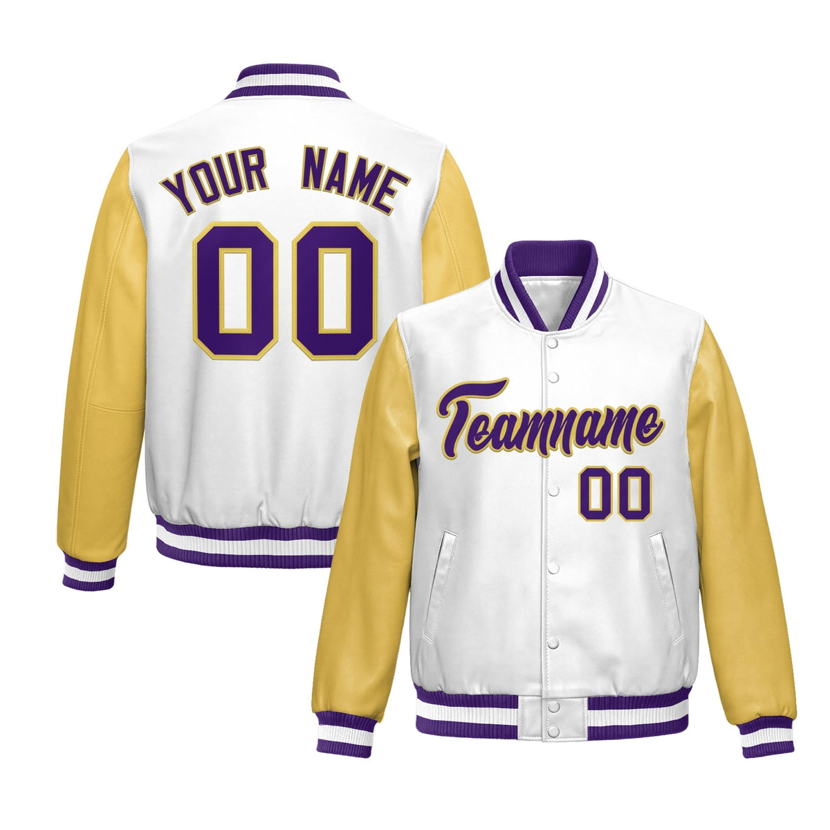 Custom White Khaki Raglan Sleeves Full-Snap Varsity Faux Leather Letterman Jacket