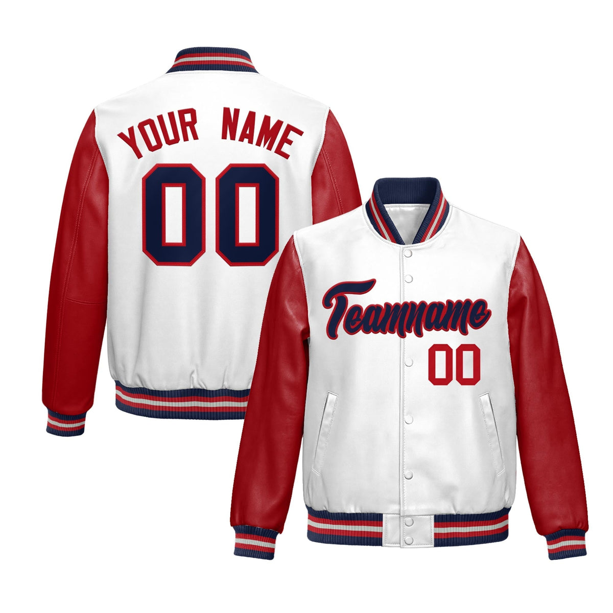Custom White Red Navy Raglan Sleeves Full-Snap Varsity Faux Leather Letterman Jacket