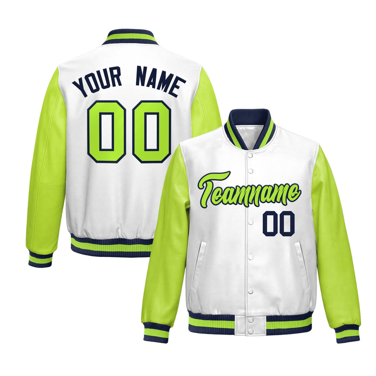 Custom White Neon Green Raglan Sleeves Full-Snap Varsity Faux Leather Letterman Jacket