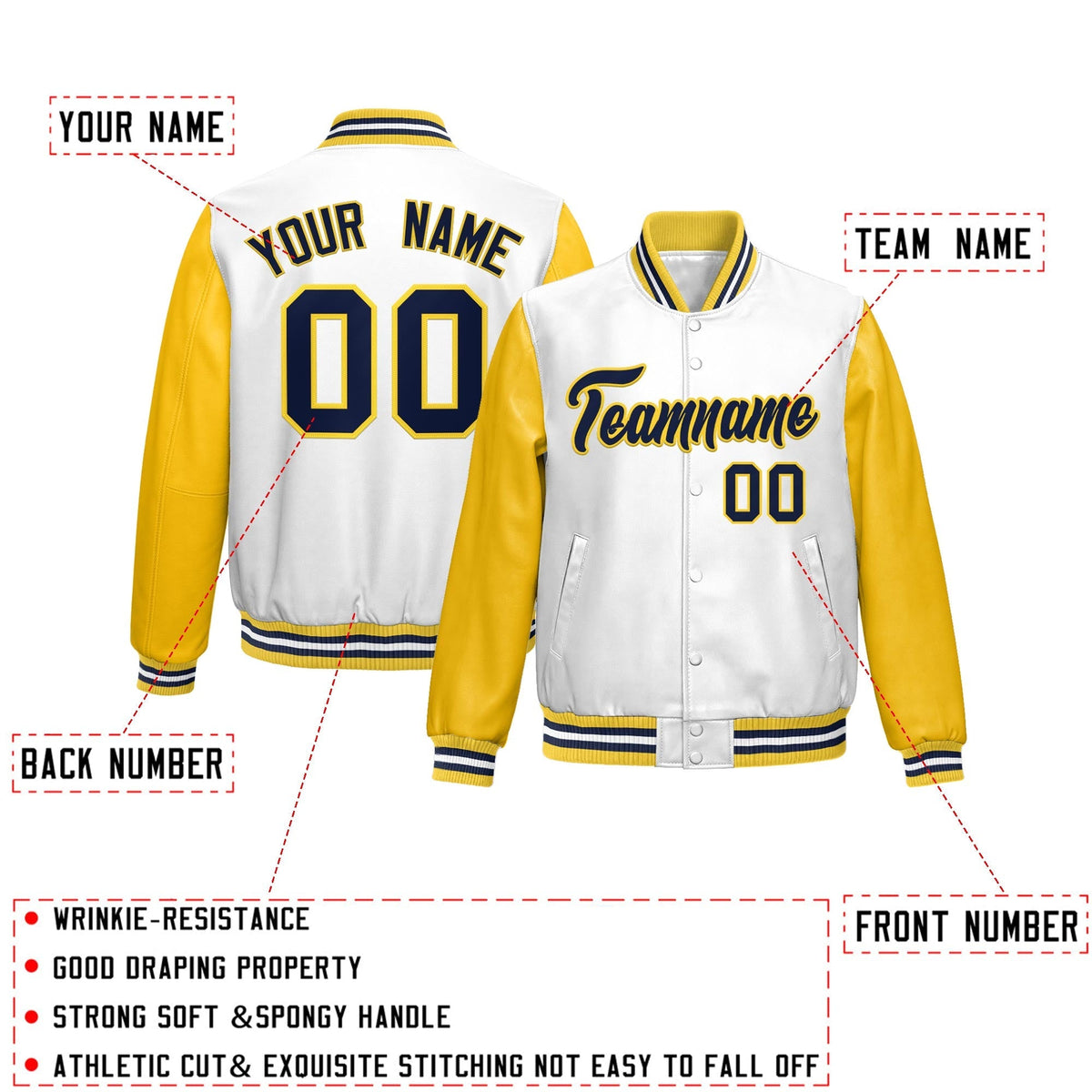 Custom White Yellow Raglan Sleeves Full-Snap Varsity Faux Leather Letterman Jacket