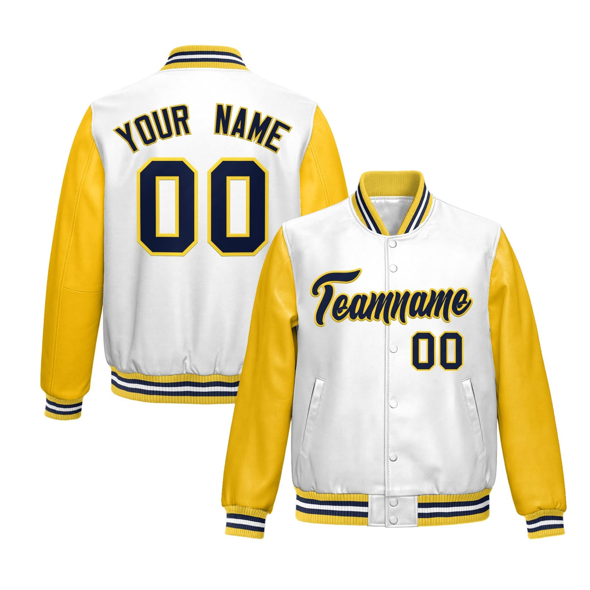Custom White Yellow Raglan Sleeves Full-Snap Varsity Faux Leather Letterman Jacket
