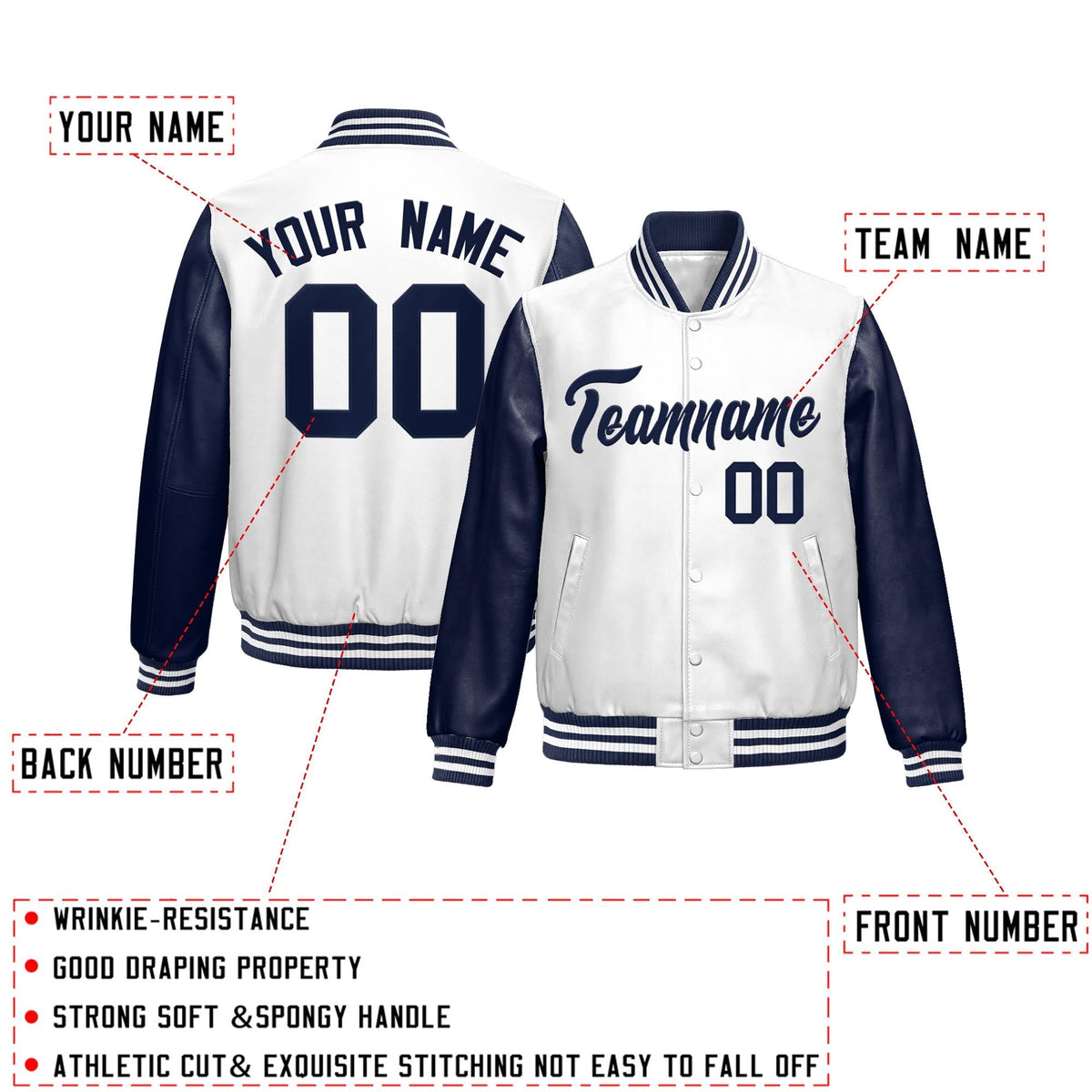 Custom Navy White Raglan Sleeves Full-Snap Varsity Faux Leather Letterman Jacket