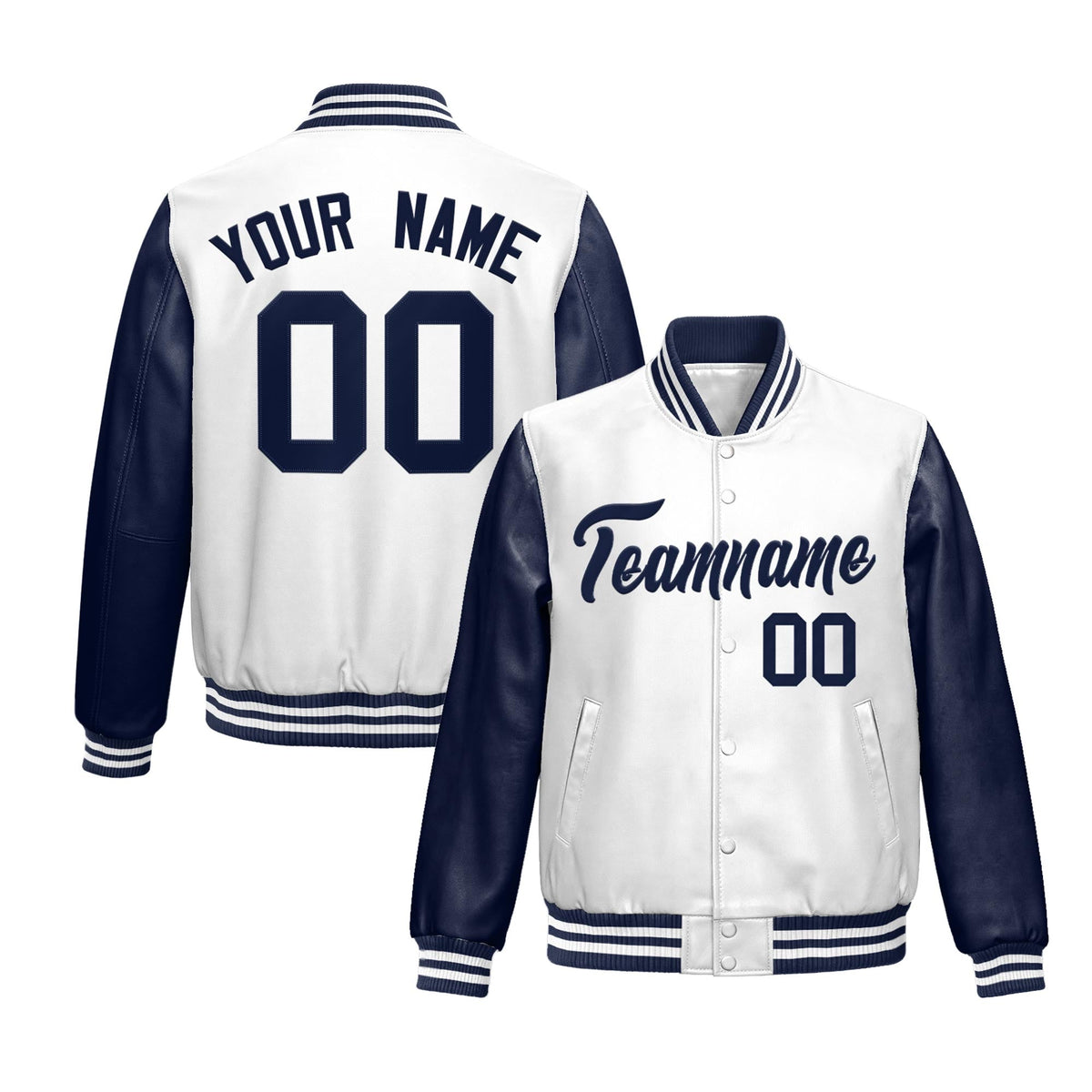 Custom Navy White Raglan Sleeves Full-Snap Varsity Faux Leather Letterman Jacket