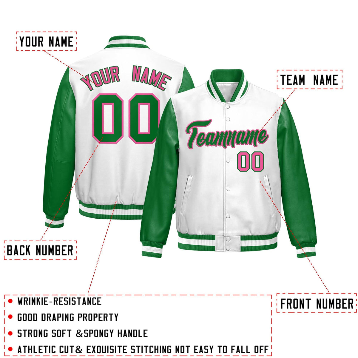 Custom Kelly Green White Raglan Sleeves Full-Snap Varsity Faux Leather Letterman Jacket
