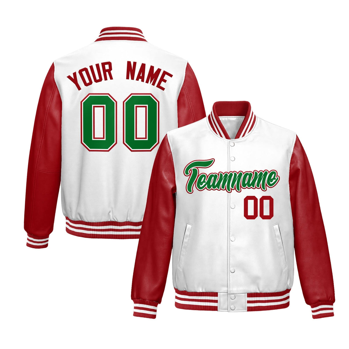 Custom White Red Raglan Sleeves Full-Snap Varsity Faux Leather Letterman Jacket