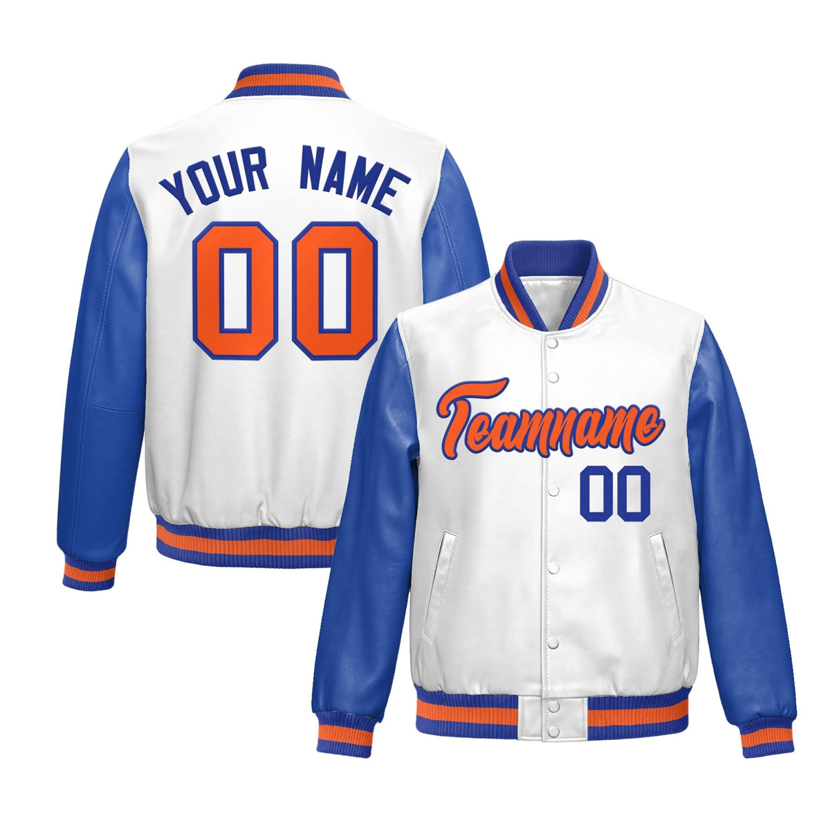 Custom White Royal Blue Raglan Sleeves Full-Snap Varsity Faux Leather Letterman Jacket