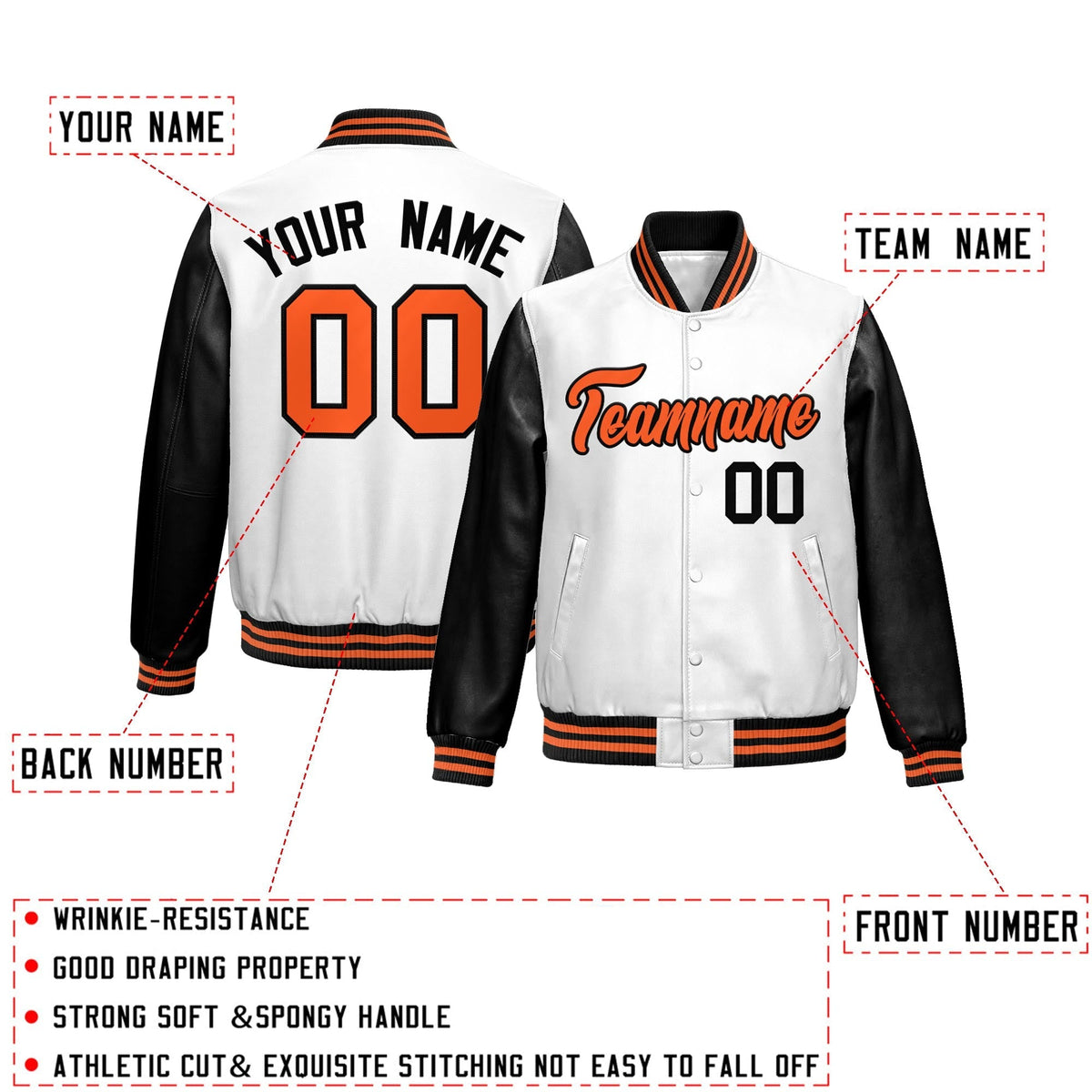 Custom White Black Raglan Sleeves Full-Snap Varsity Faux Leather Letterman Jacket