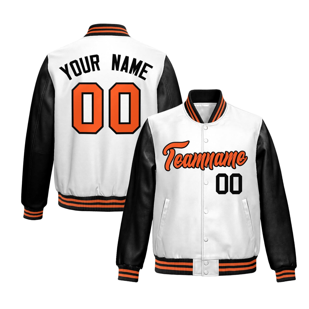 Custom White Black Raglan Sleeves Full-Snap Varsity Faux Leather Letterman Jacket