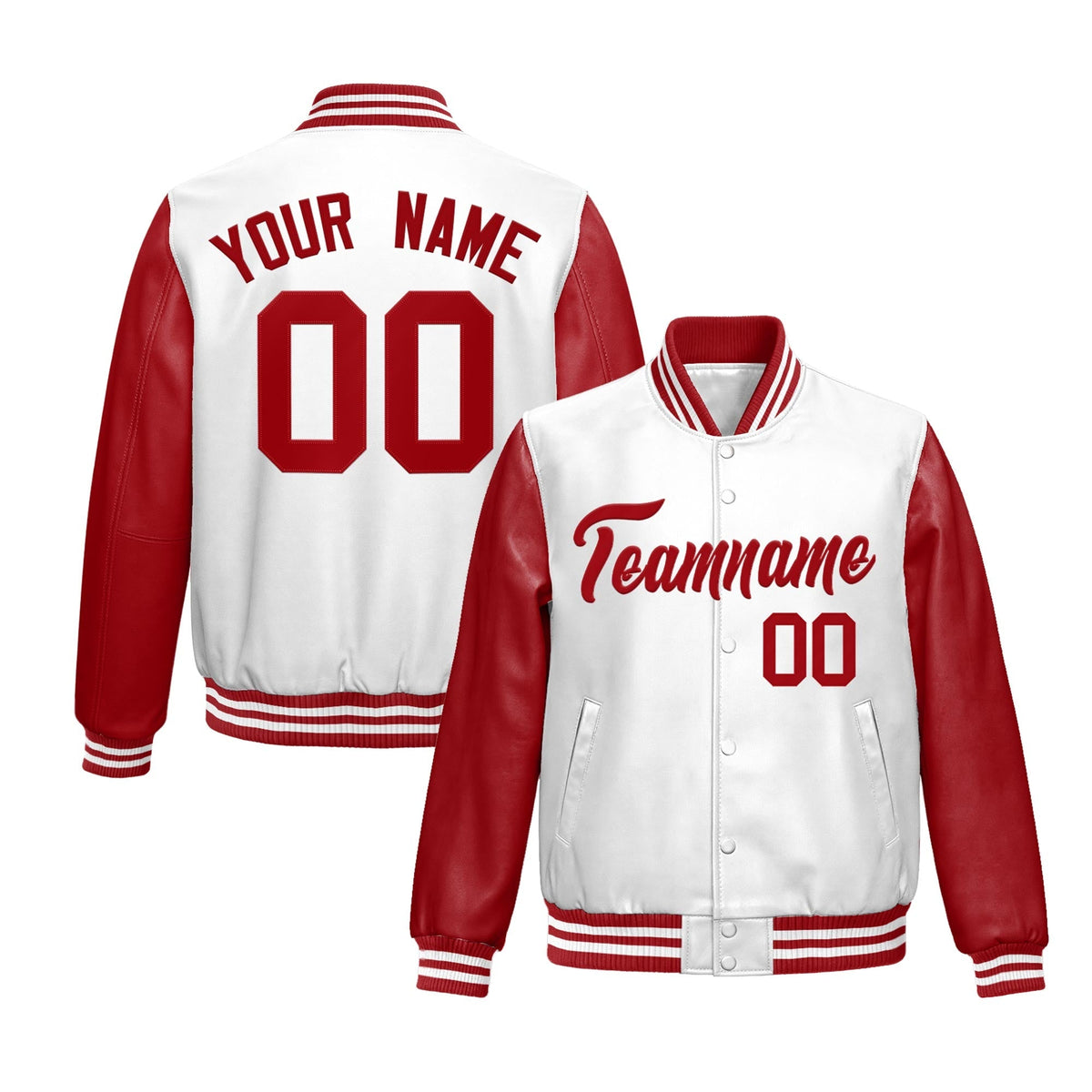 Custom White Red Raglan Sleeves Full-Snap Varsity Faux Leather Letterman Jacket