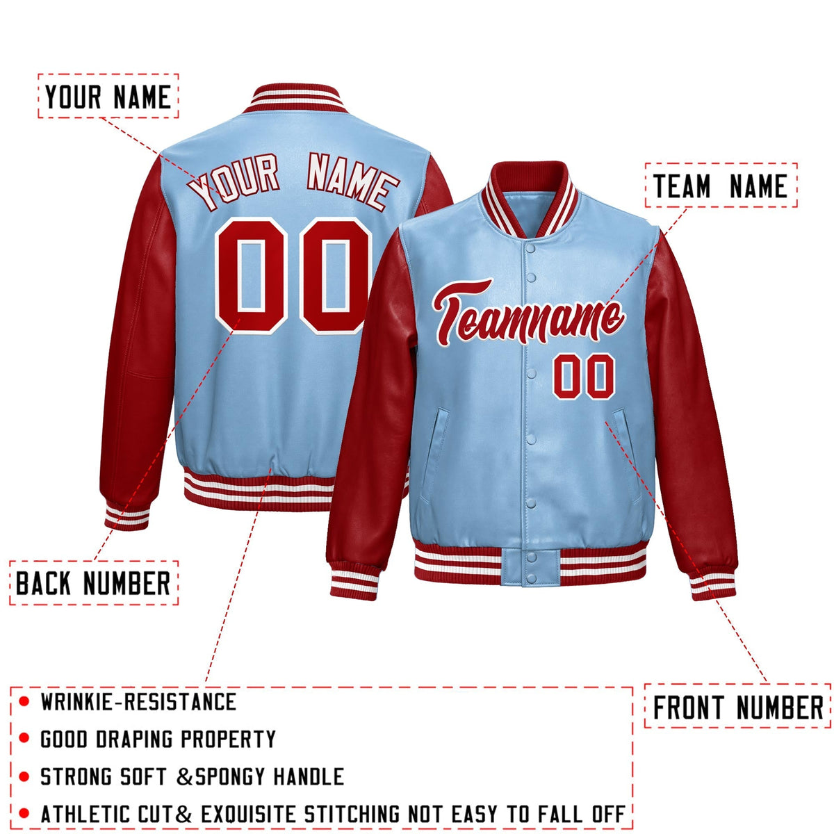 Custom Powder Blue Red Raglan Sleeves Full-Snap Varsity Faux Leather Letterman Jacket