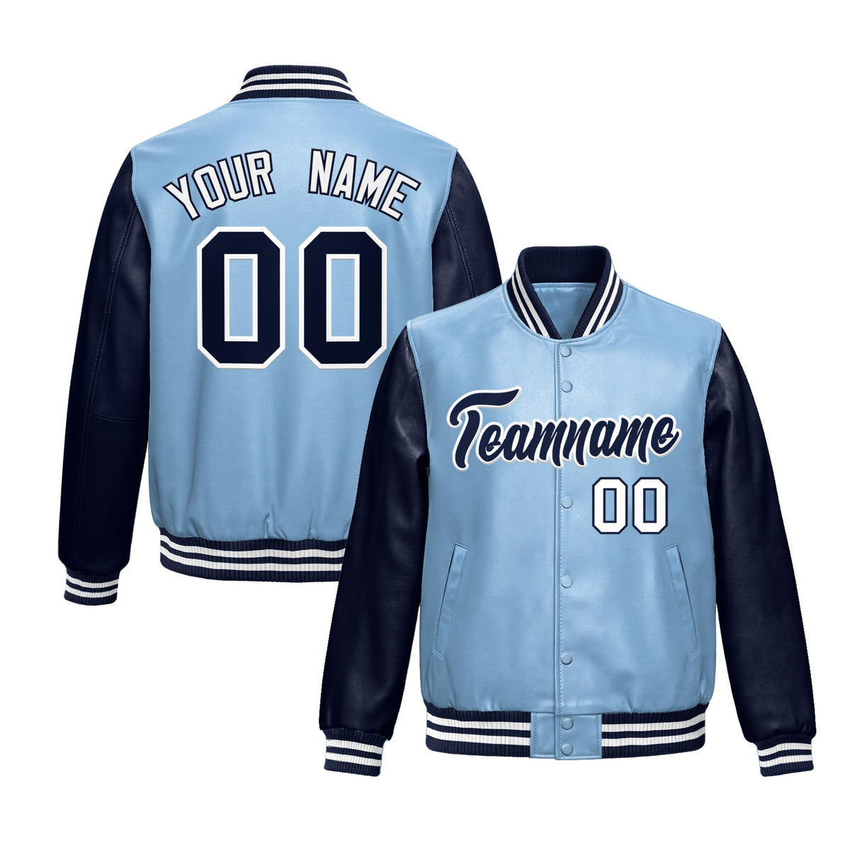 Custom Powder Blue Navy Raglan Sleeves Full-Snap Varsity Faux Leather Letterman Jacket