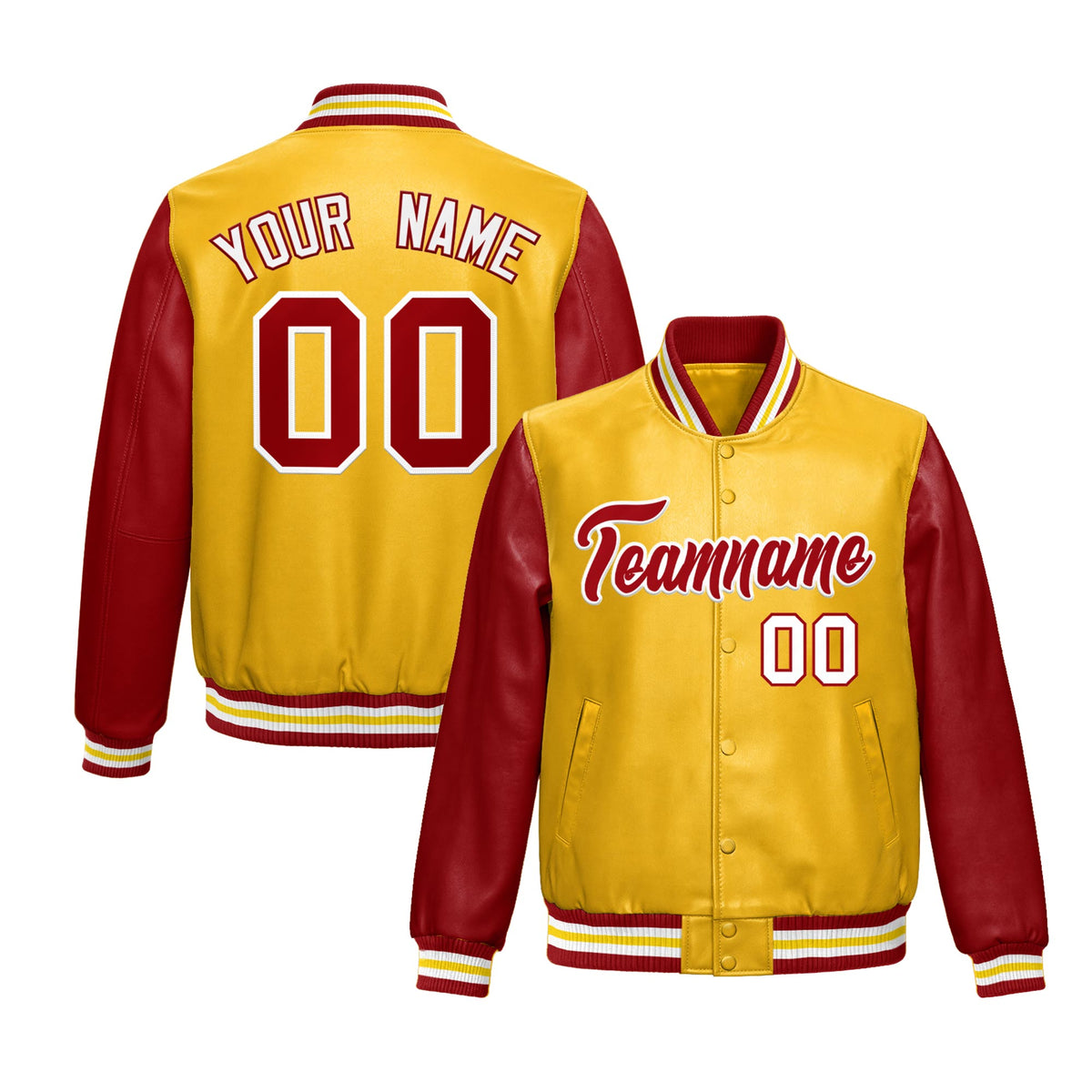 Custom Yellow Red Raglan Sleeves Full-Snap Varsity Faux Leather Letterman Jacket