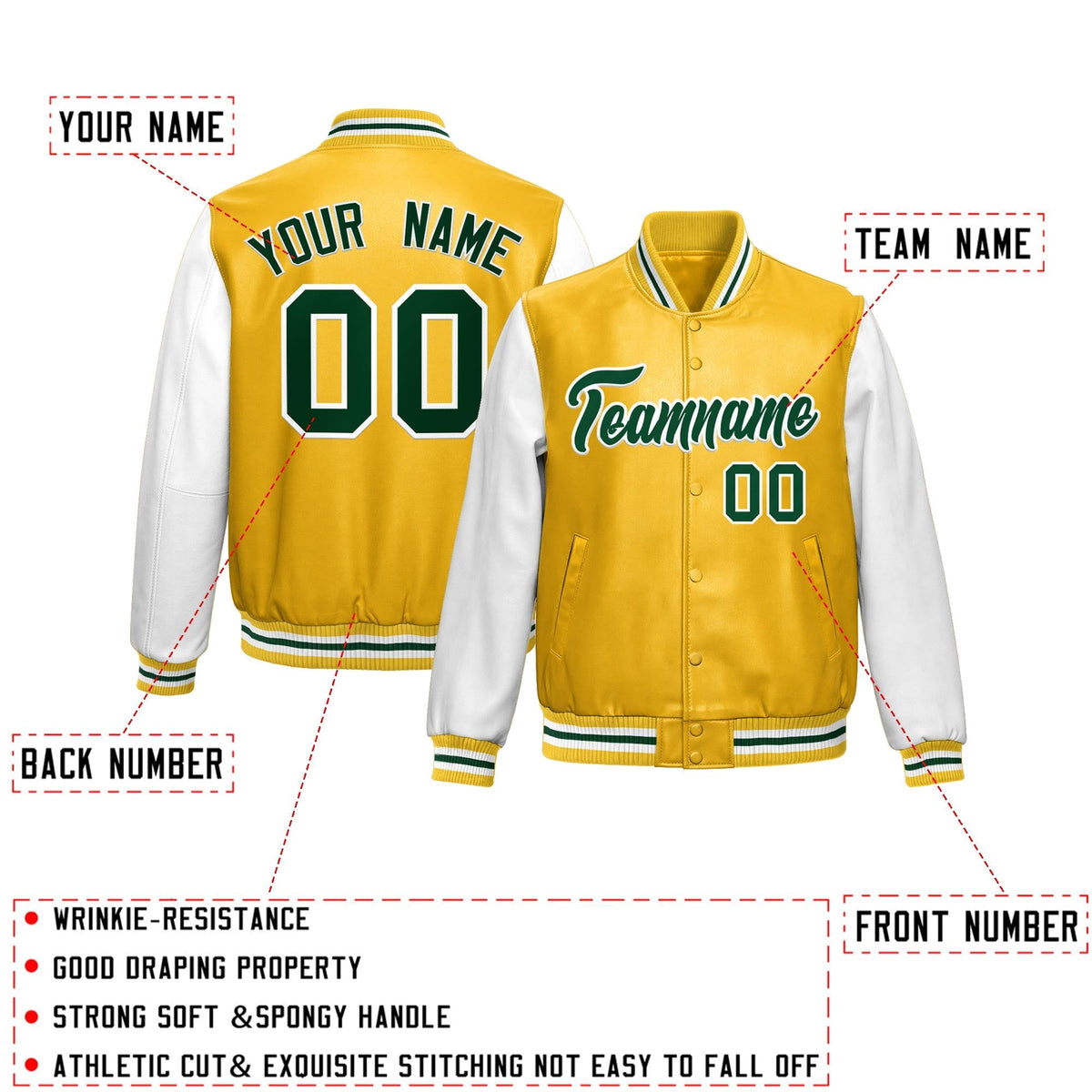 Custom Yellow White Raglan Sleeves Full-Snap Varsity Faux Leather Letterman Jacket