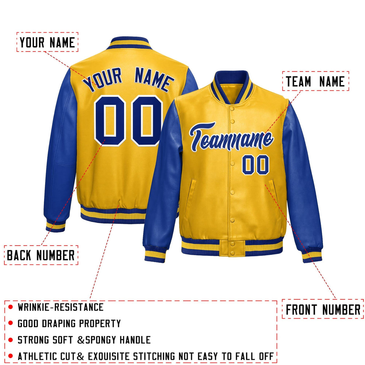 Custom Yellow Royal Blue Raglan Sleeves Full-Snap Varsity Faux Leather Letterman Jacket
