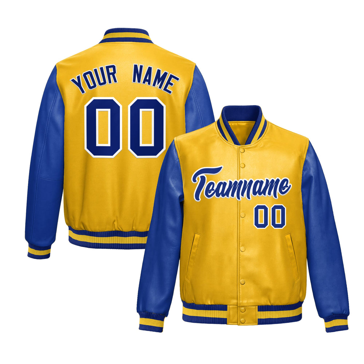 Custom Yellow Royal Blue Raglan Sleeves Full-Snap Varsity Faux Leather Letterman Jacket