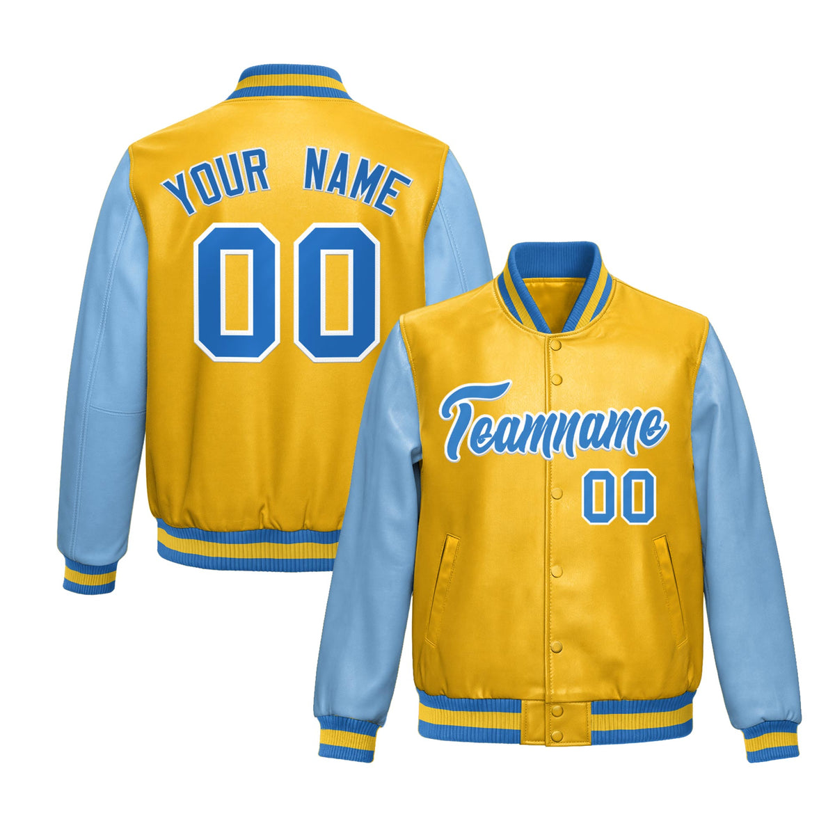 Custom Yellow Powder Blue Raglan Sleeves Full-Snap Varsity Faux Leather Letterman Jacket