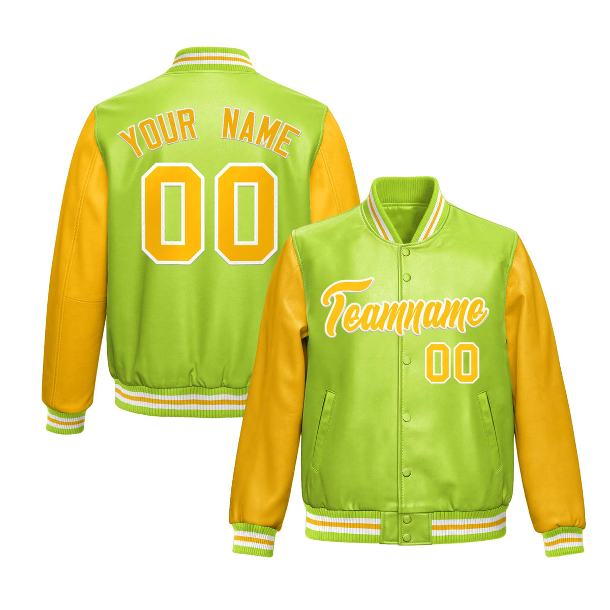 Custom Neon Green Yellow Raglan Sleeves Full-Snap Varsity Faux Leather Letterman Jacket