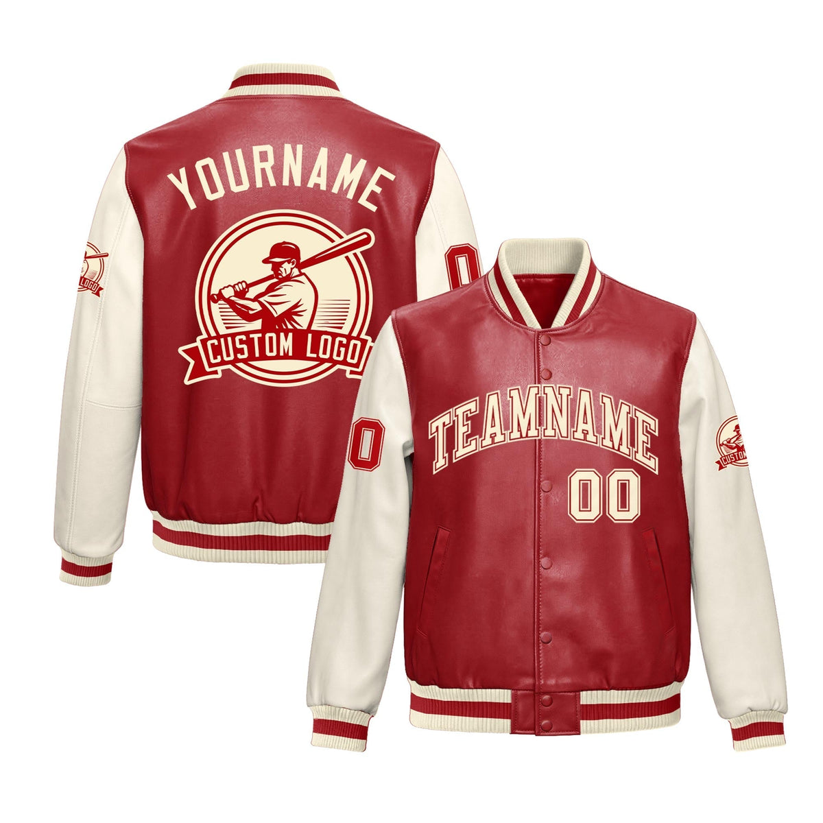 Custom Cream Red Raglan Sleeves Full-Snap Faux Leather Letterman Jacket| KXKSHOP